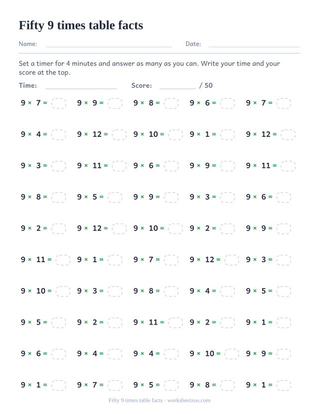 Fifty 9 times table equations in five columns of ten with a time and score header.