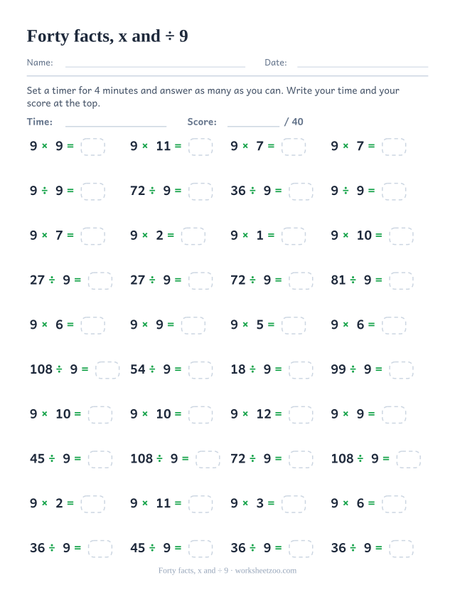 Forty timed items alternating 9 times facts and divisions by 9 down four columns.