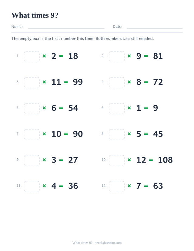 Twelve equations beginning with an empty box, then x 9 and a printed answer, in two columns.