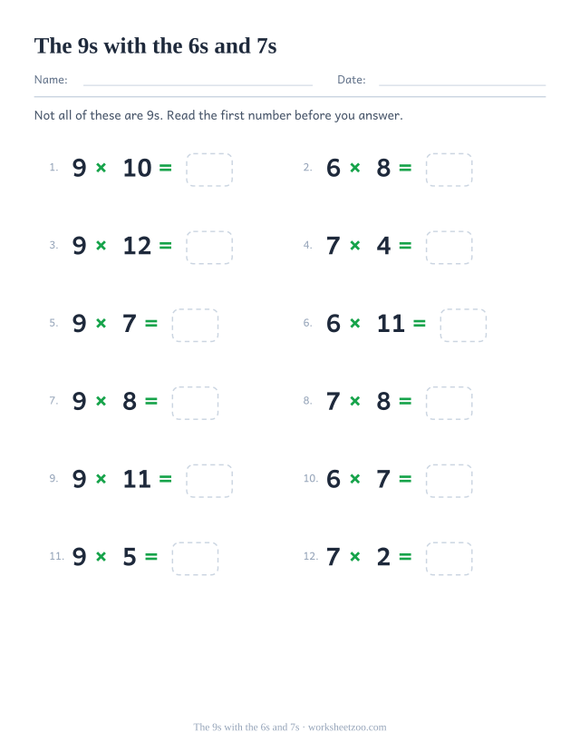 Twelve equations mixing the 9, 6 and 7 times tables, numbered, each ending in an empty box.