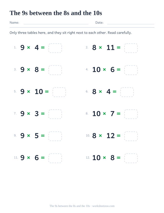Twelve equations using only the 8, 9 and 10 times tables, in two columns of six with empty answer boxes.