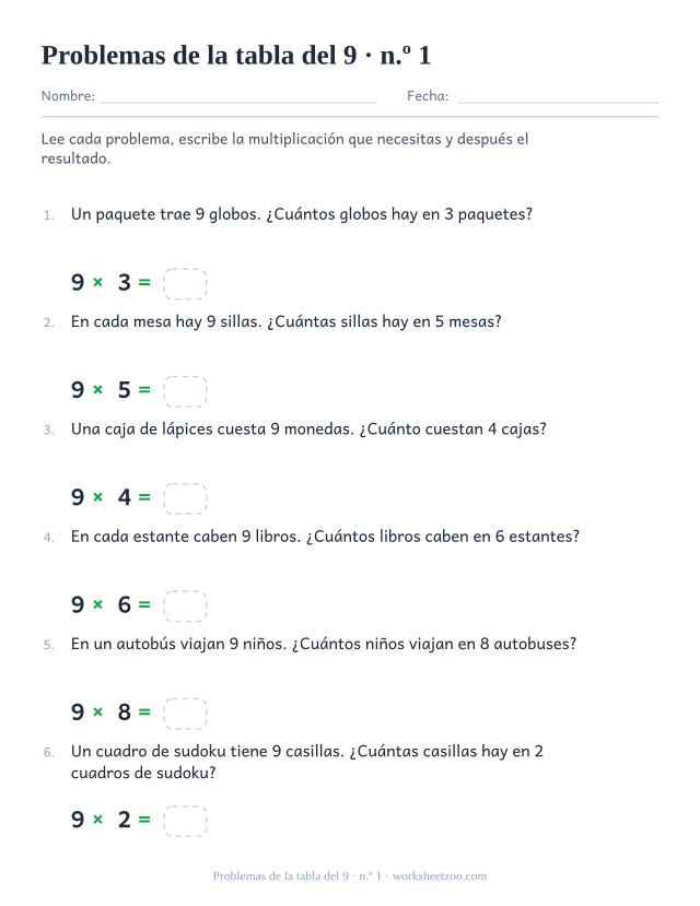Seis problemas numerados sobre grupos iguales de 9, cada uno seguido de una multiplicación impresa con casilla vacía.