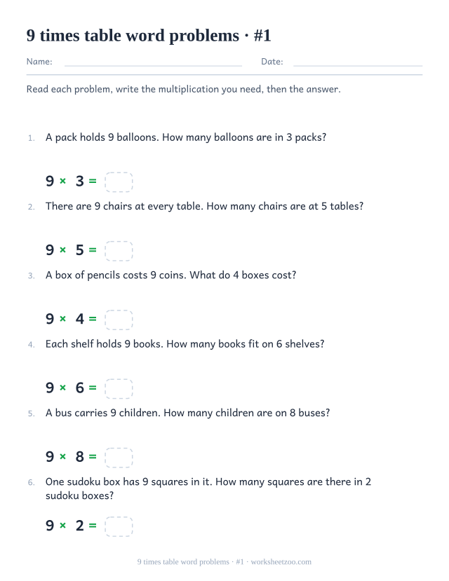 Six numbered word problems about equal groups of 9, each followed by a printed multiplication with an empty answer box.