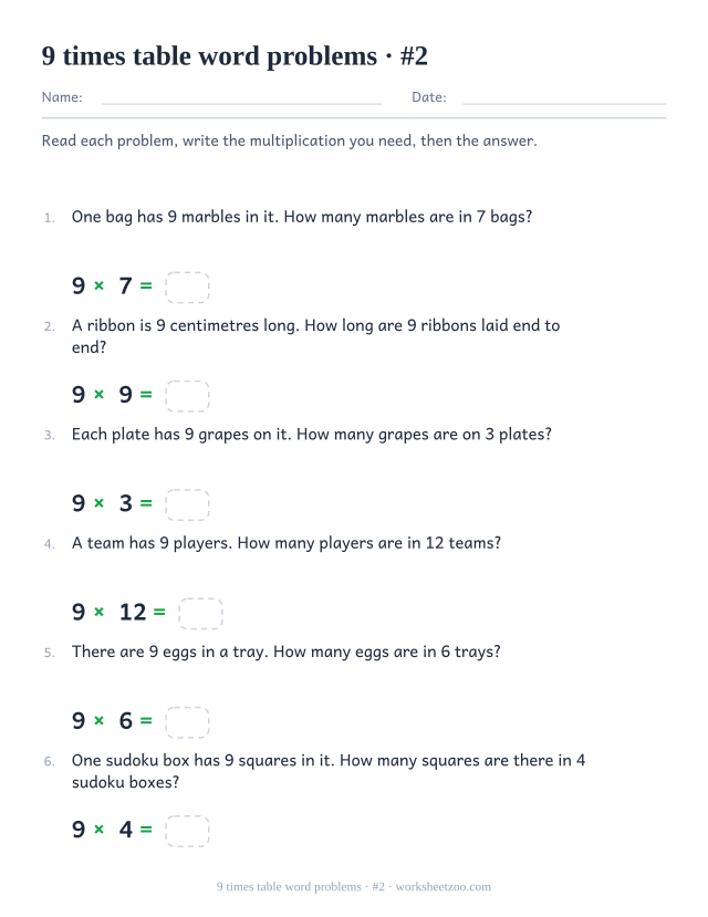 Six numbered word problems with larger groups of 9, each with a multiplication and an empty answer box underneath.
