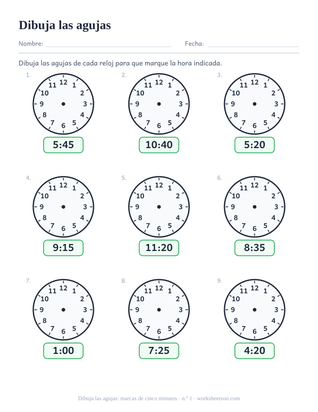Ficha para dibujar las agujas, nueve relojes en blanco con la hora digital dada, dibuja las agujas para marcar marcas de cinco minutos, hoja 1
