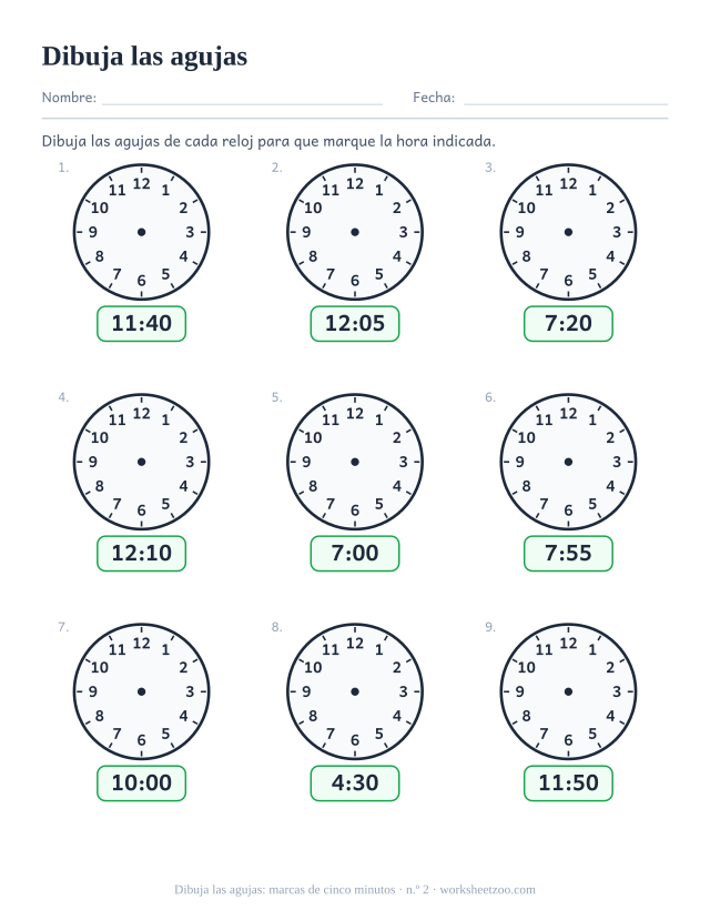 Ficha para dibujar las agujas, nueve relojes en blanco con la hora digital dada, dibuja las agujas para marcar marcas de cinco minutos, hoja 2
