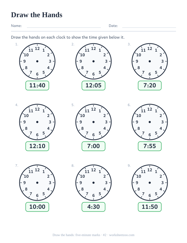 Draw the hands worksheet, nine blank clocks with a digital time given, draw the hands to show five-minute marks, sheet 2