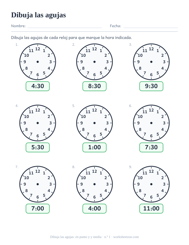 Ficha para dibujar las agujas, nueve relojes en blanco con la hora digital dada, dibuja las agujas para marcar en punto y y media, hoja 1