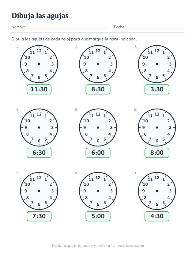 Ficha para dibujar las agujas, nueve relojes en blanco con la hora digital dada, dibuja las agujas para marcar en punto y y media, hoja 2