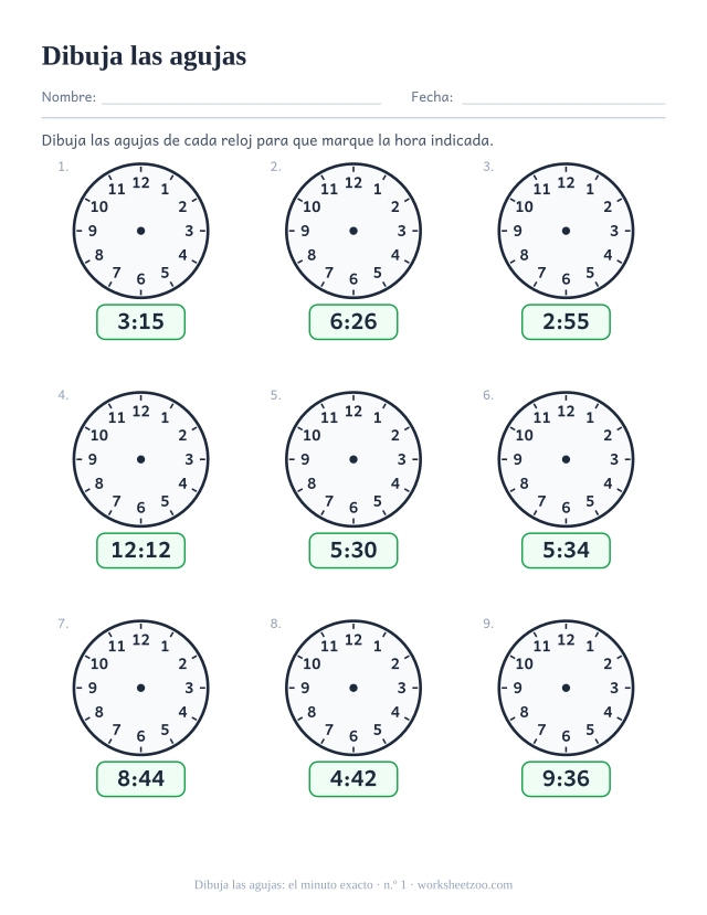 Ficha para dibujar las agujas, nueve relojes en blanco con la hora digital dada, dibuja las agujas para marcar el minuto exacto, hoja 1