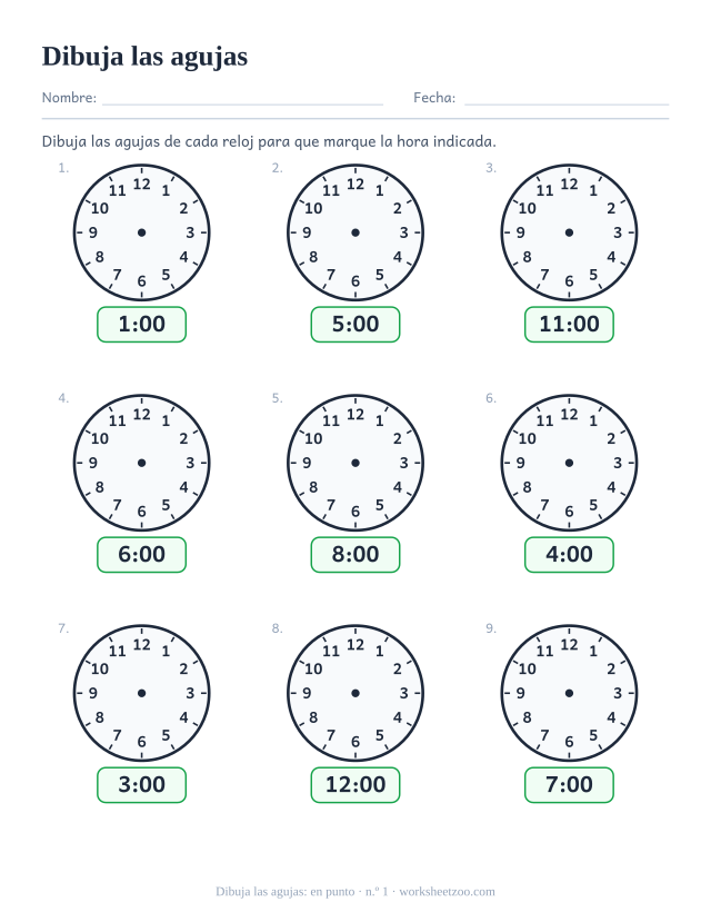 Ficha para dibujar las agujas, nueve relojes en blanco con la hora digital dada, dibuja las agujas para marcar en punto, hoja 1