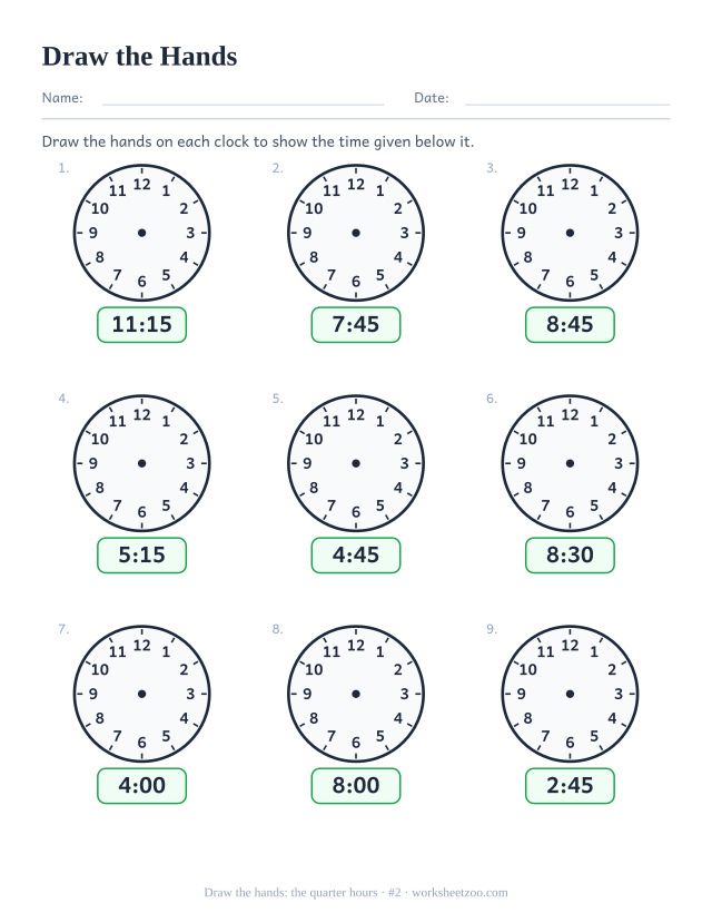 Draw the hands worksheet, nine blank clocks with a digital time given, draw the hands to show the quarter hours, sheet 2