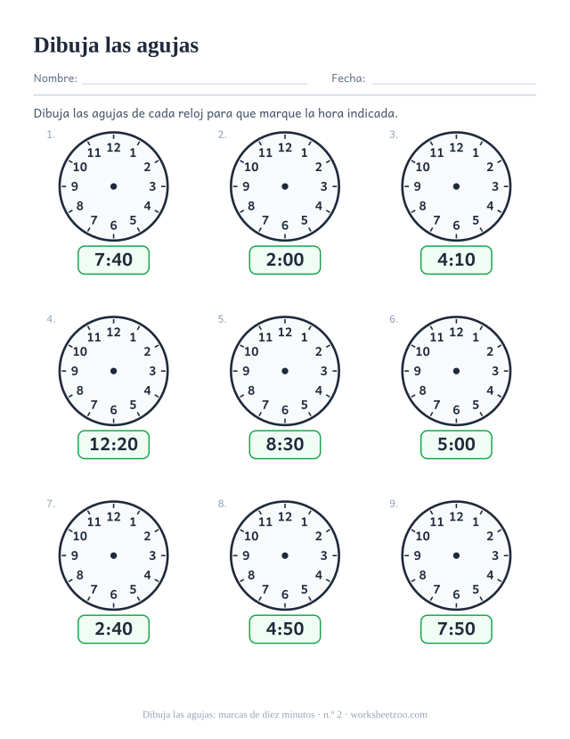 Ficha para dibujar las agujas, nueve relojes en blanco con la hora digital dada, dibuja las agujas para marcar marcas de diez minutos, hoja 2