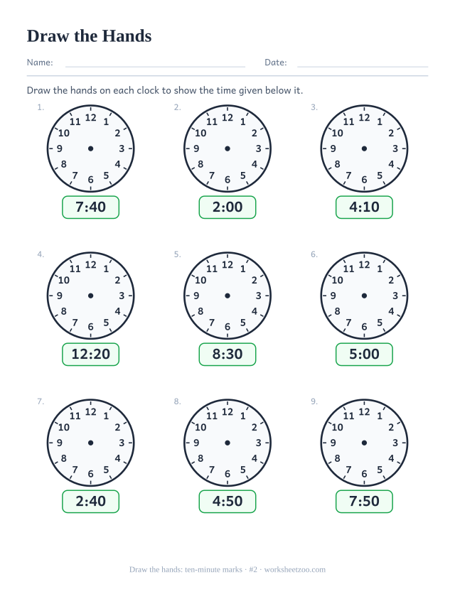 Draw the hands worksheet, nine blank clocks with a digital time given, draw the hands to show ten-minute marks, sheet 2
