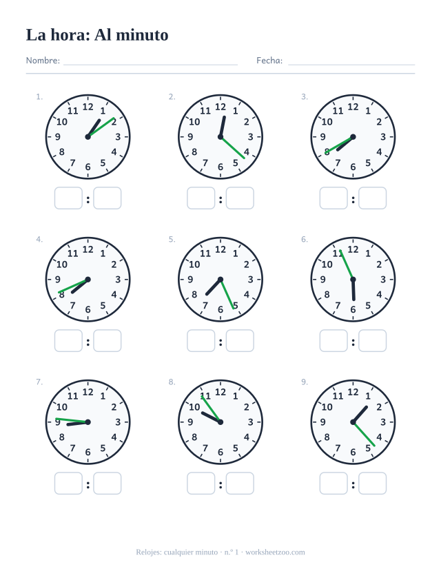 Ficha del reloj con nueve relojes que pueden marcar cualquier minuto, lee la hora exacta