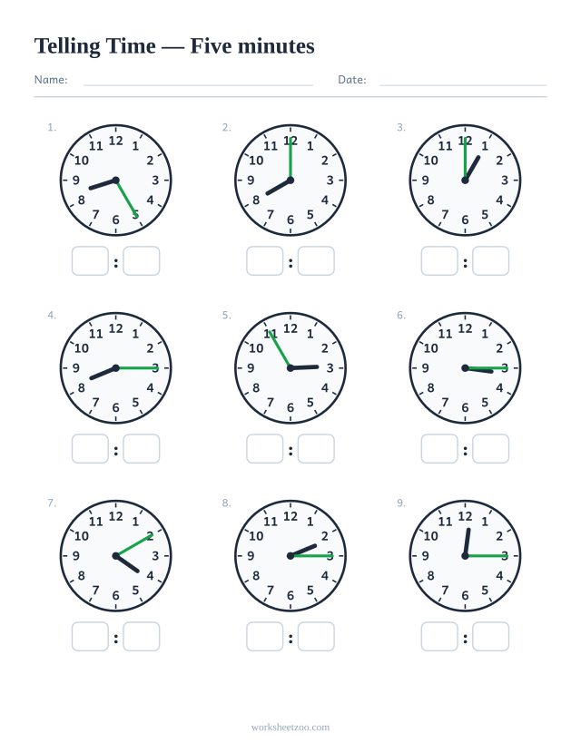 Telling time worksheet with nine analog clocks showing times in five-minute steps