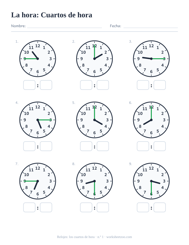 Ficha del reloj con nueve relojes en punto, y cuarto, y media y menos cuarto