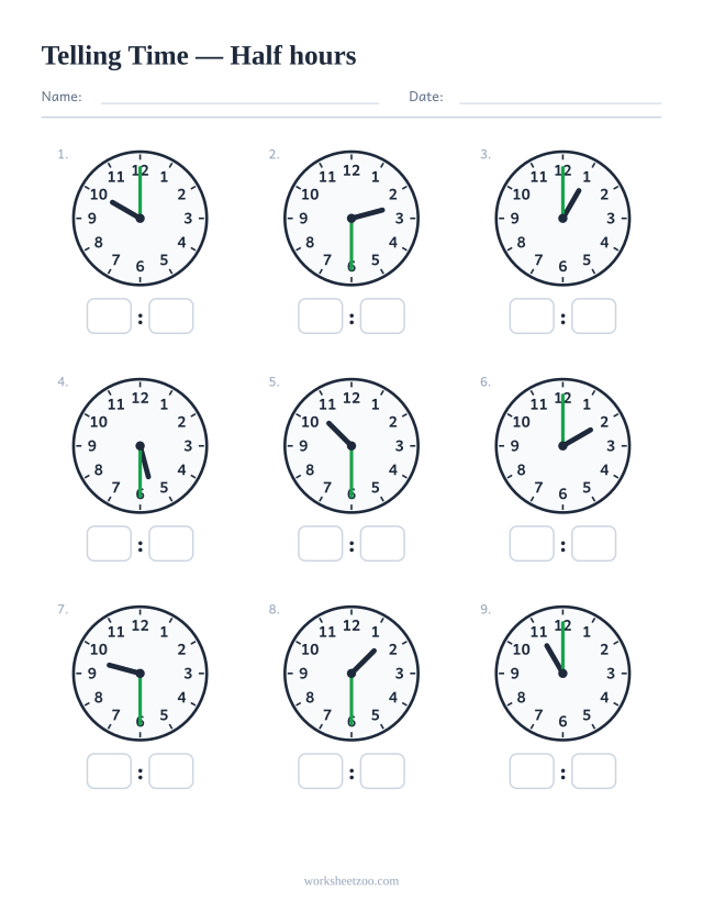 Telling time worksheet with nine analog clocks showing times on the hour and half hour, sheet 1