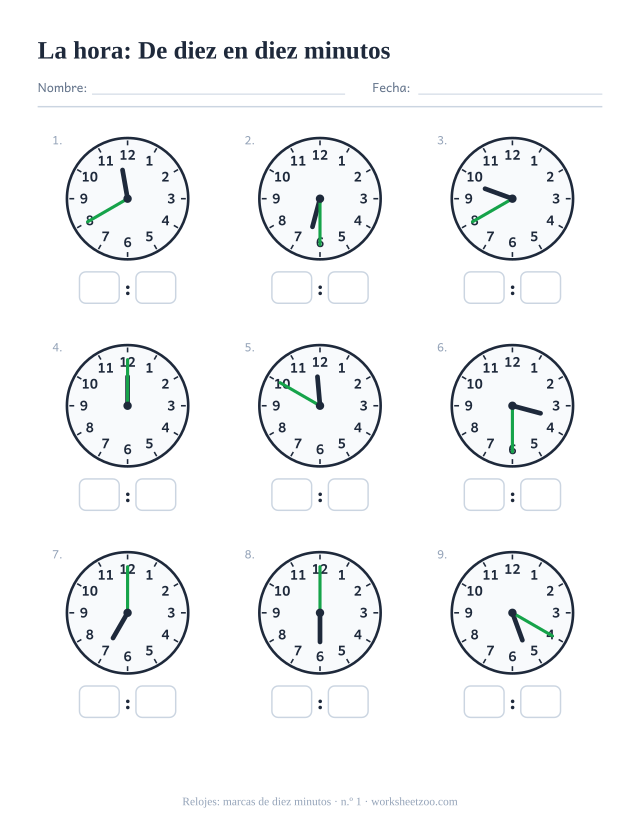 Ficha del reloj con nueve relojes con las agujas en marcas de diez minutos