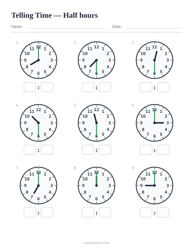 Telling time worksheet with nine analog clocks showing times on the hour and half hour, sheet 2