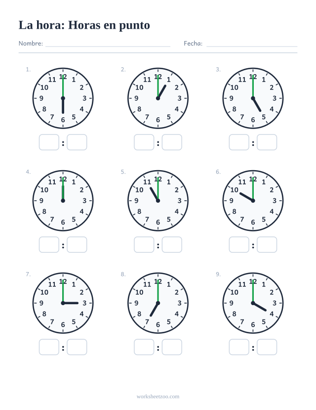Ficha del reloj con nueve relojes de agujas en horas en punto, lee cada uno y escribe la hora digital