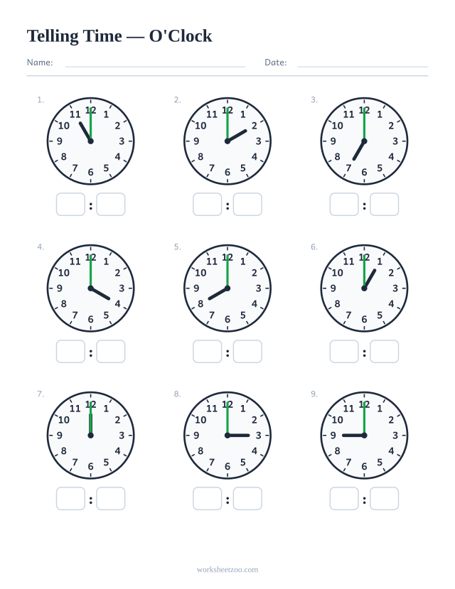 Telling time worksheet with nine analog clocks showing o'clock times, sheet 1