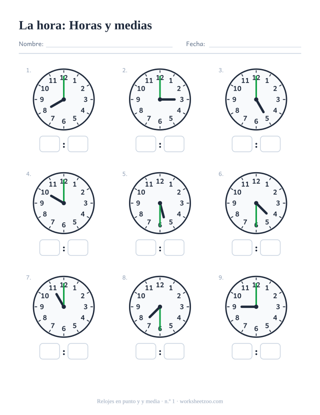 Ficha del reloj con nueve relojes en horas en punto y y media, escribe la hora digital