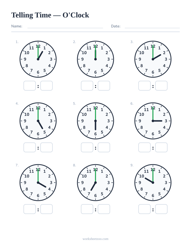 Telling time worksheet with nine analog clocks showing o'clock times, sheet 2