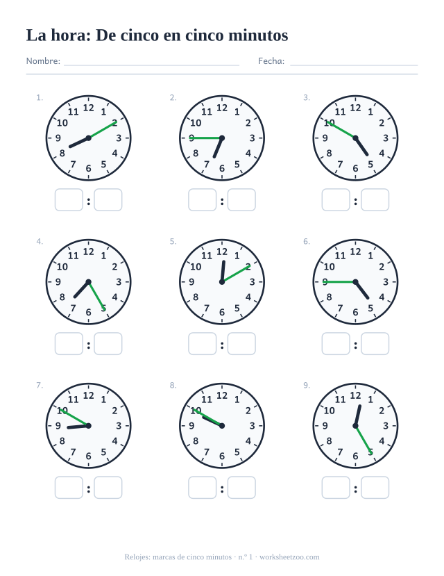 Ficha del reloj con nueve relojes con las agujas en marcas de cinco minutos, lee los minutos con cuidado