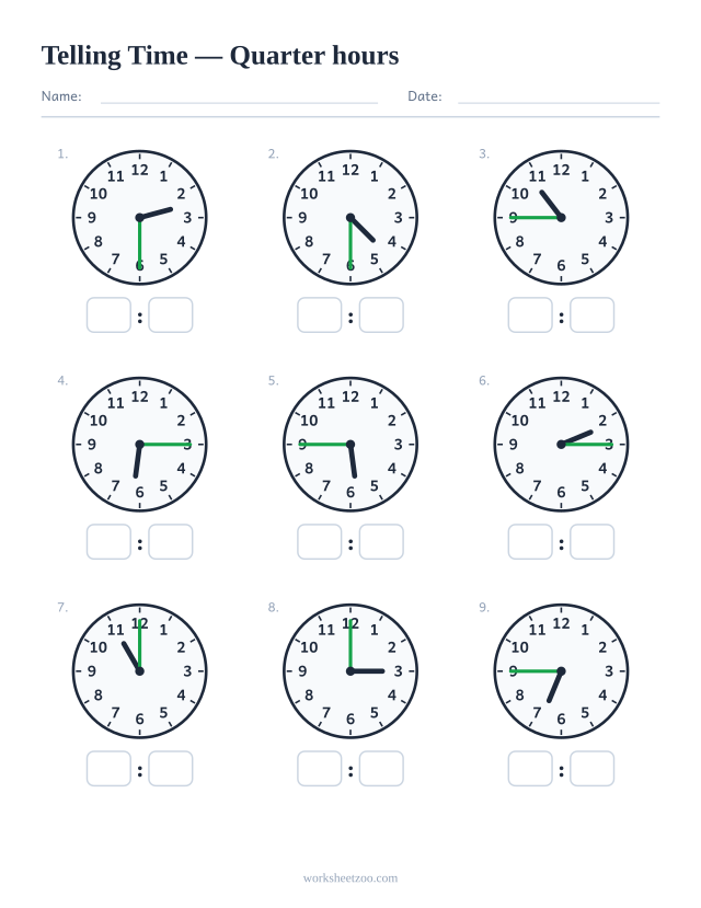 Telling time worksheet with nine analog clocks showing quarter-hour times