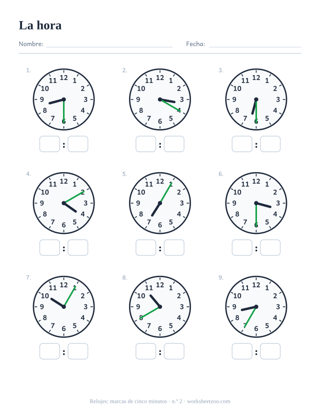 Ficha del reloj, nueve relojes de agujas con marcas de cinco minutos, lee cada uno y escribe la hora digital, set B