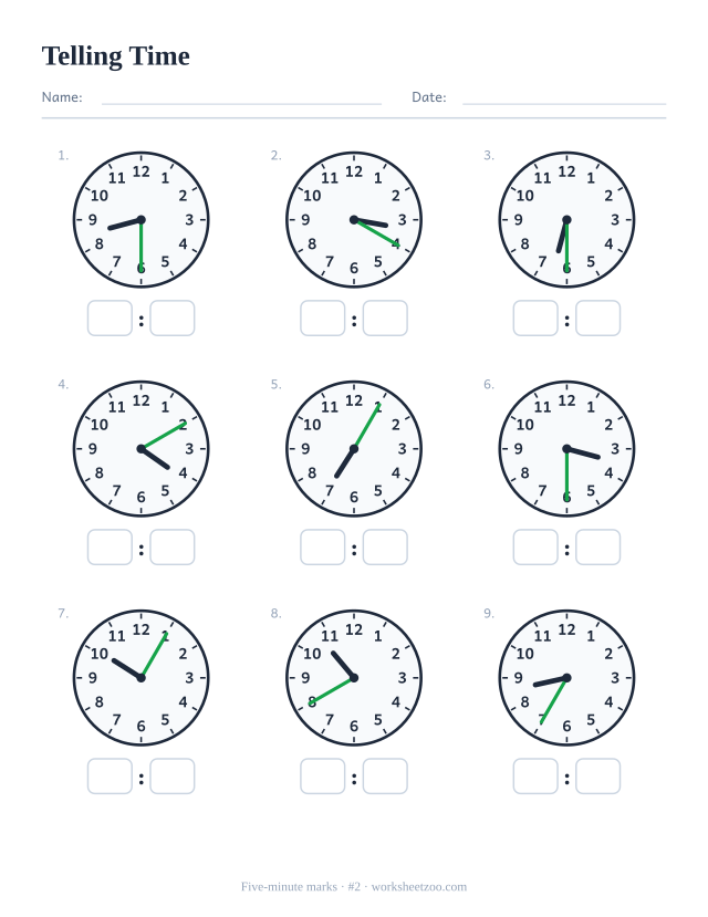 Telling time worksheet, nine analog clocks showing five-minute marks, read each and write the digital time, set B
