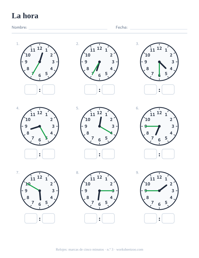 Ficha del reloj, nueve relojes de agujas con marcas de cinco minutos, lee cada uno y escribe la hora digital, set C