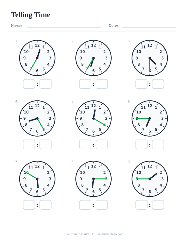 Telling time worksheet, nine analog clocks showing five-minute marks, read each and write the digital time, set C