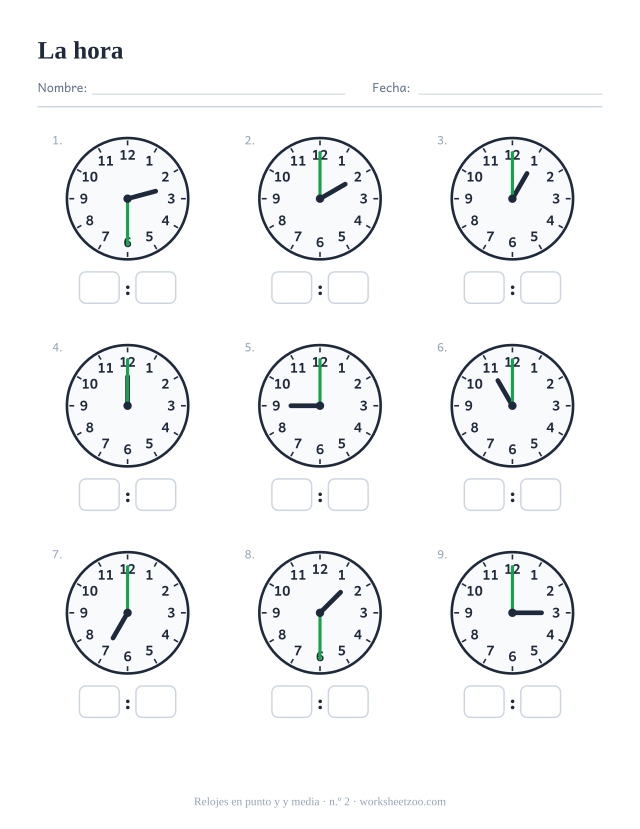 Ficha del reloj, nueve relojes de agujas con en punto y y media, lee cada uno y escribe la hora digital, set B