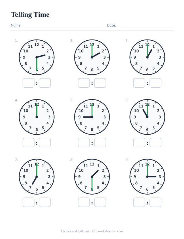 Telling time worksheet, nine analog clocks showing o'clock and half past, read each and write the digital time, set B