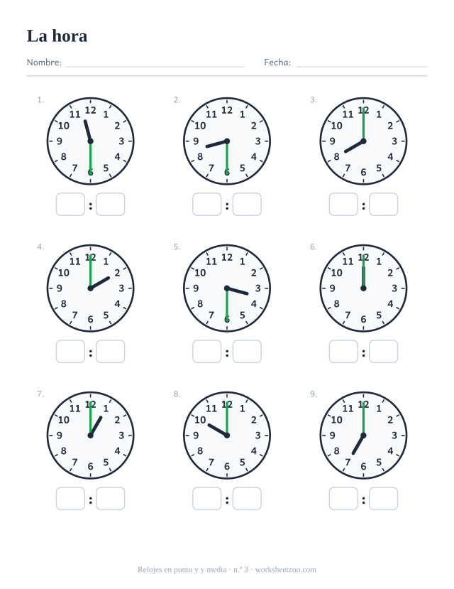 Ficha del reloj, nueve relojes de agujas con en punto y y media, lee cada uno y escribe la hora digital, set C