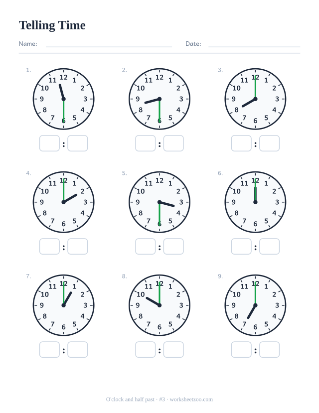 Telling time worksheet, nine analog clocks showing o'clock and half past, read each and write the digital time, set C