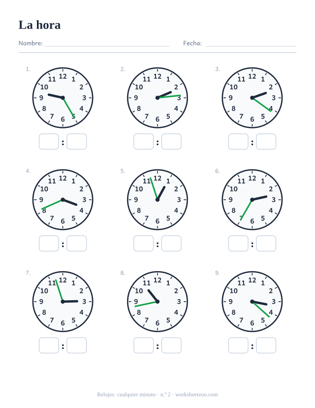 Ficha del reloj, nueve relojes de agujas con cualquier minuto, lee cada uno y escribe la hora digital, set B