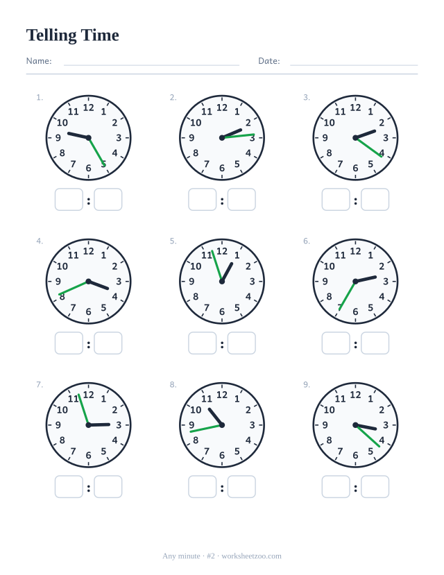 Telling time worksheet, nine analog clocks showing any minute, read each and write the digital time, set B