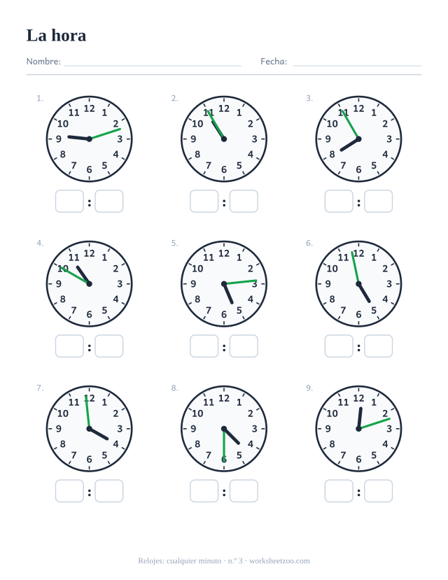 Ficha del reloj, nueve relojes de agujas con cualquier minuto, lee cada uno y escribe la hora digital, set C