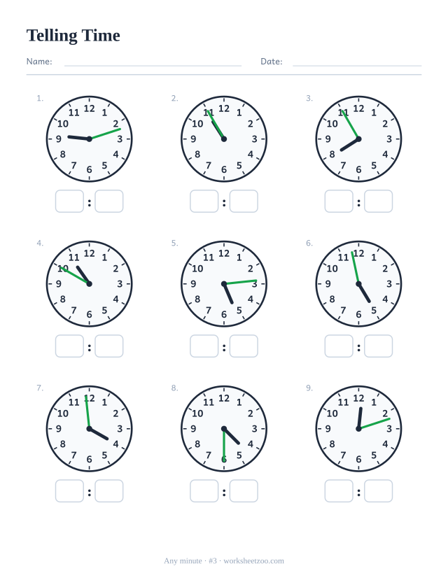 Telling time worksheet, nine analog clocks showing any minute, read each and write the digital time, set C