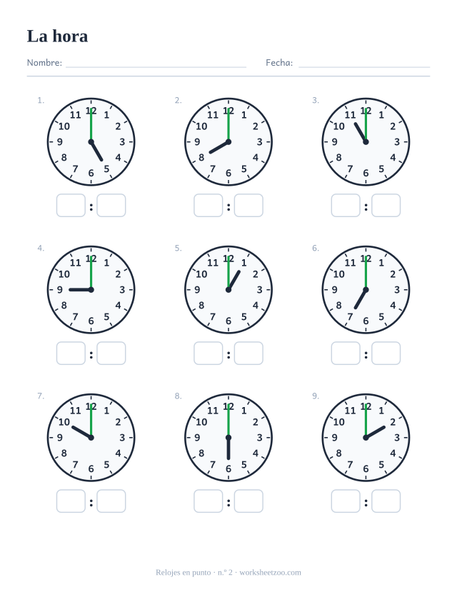 Ficha del reloj, nueve relojes de agujas con en punto, lee cada uno y escribe la hora digital, set B