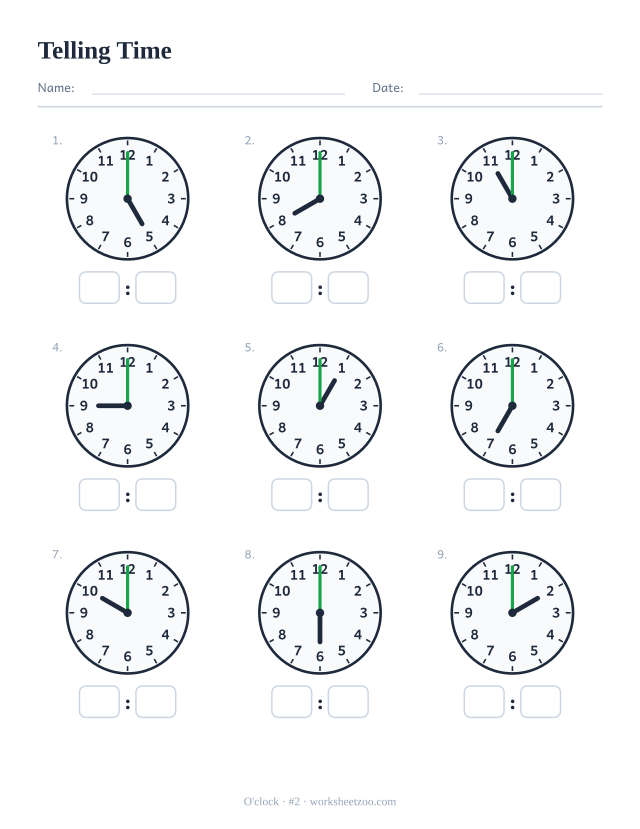 Telling time worksheet, nine analog clocks showing o'clock, read each and write the digital time, set B