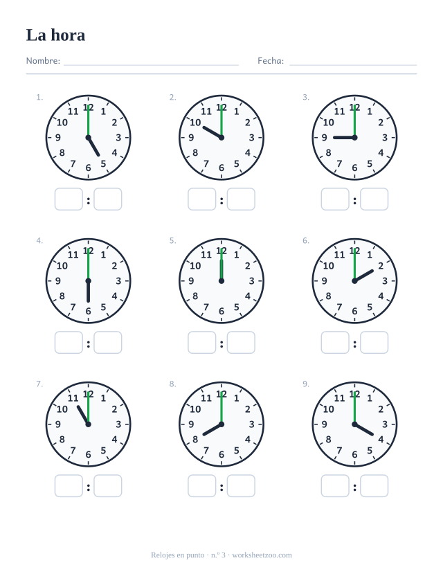 Ficha del reloj, nueve relojes de agujas con en punto, lee cada uno y escribe la hora digital, set C