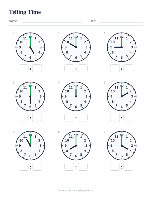Telling time worksheet, nine analog clocks showing o'clock, read each and write the digital time, set C