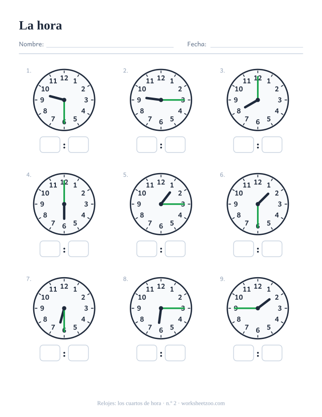 Ficha del reloj, nueve relojes de agujas con los cuartos de hora, lee cada uno y escribe la hora digital, set B