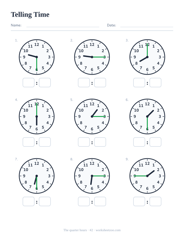 Telling time worksheet, nine analog clocks showing the quarter hours, read each and write the digital time, set B