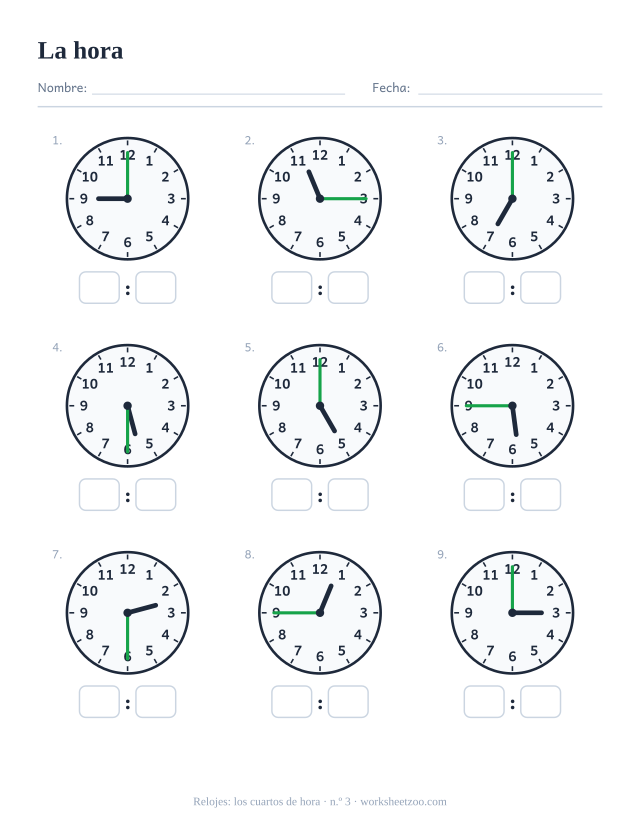Ficha del reloj, nueve relojes de agujas con los cuartos de hora, lee cada uno y escribe la hora digital, set C
