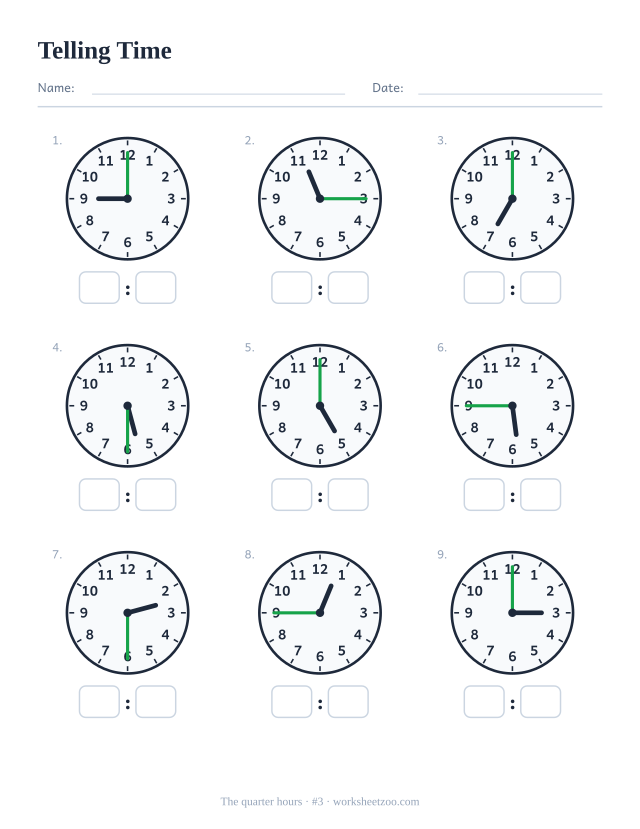 Telling time worksheet, nine analog clocks showing the quarter hours, read each and write the digital time, set C
